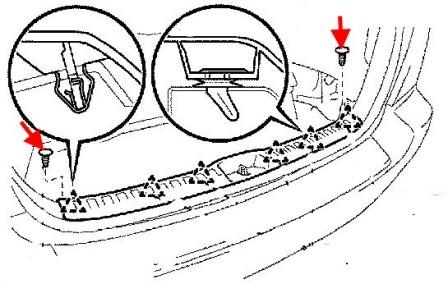 the scheme of fastening of the rear bumper 20 XU Toyota Highlander (2001-2007)